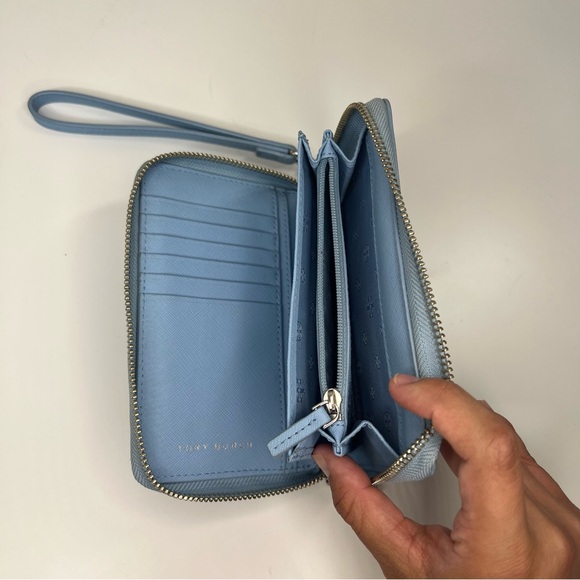 TORY BURCH Light Blue Saffiano Zip Around Wrist Wallet - Picture 8 of 10